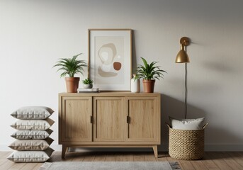 Modern light wood sideboard with artwork and plants in a minimalist room