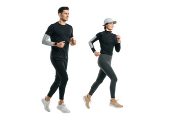 Young adult caucasian man and woman, mid-20s, in athletic wear with smartwatches, running cheerfully side-by-side mid-stride on a seamless transparent studio background with copy space, Concept of