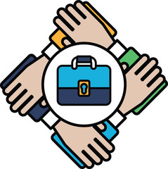 A group of people holding hands around a briefcase