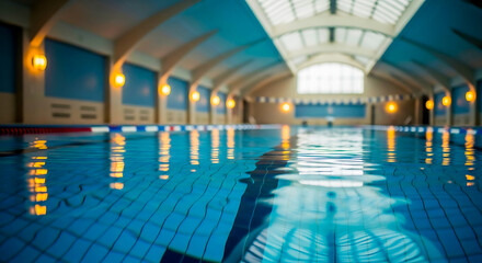 Indoor swimming pool with natural light and reflections on the water