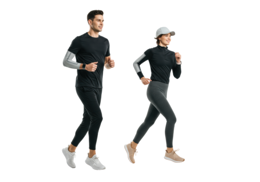 Young adult caucasian man and woman, mid-20s, in athletic wear with smartwatches, running cheerfully side-by-side mid-stride on a seamless transparent studio background with copy space, Concept of