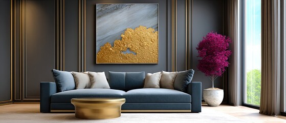 decor luxury wallart concept. Modern living room featuring a stylish sofa, artwork, and elegant decor elements.