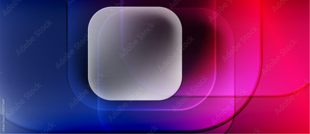 Poster Abstract background features rounded shapes, vibrant blue, pink gradients. Smooth curves create dynamic visual effect. Modern design.