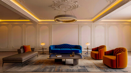 Luxurious living room with plush velvet furniture and elegant lighting