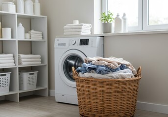 Laundry room with washing machine and overflowing basket of clothes