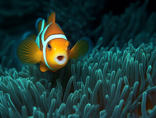 Ocellaris clownfish swimming near green sea anemone