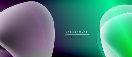 Abstract gradients blend purple, teal, green. Modern design features flowing shapes, dark background, text elements. Minimalist aesthetic.