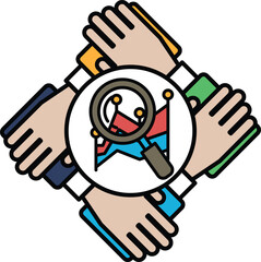 A group of people holding hands and looking through a magnifying glass