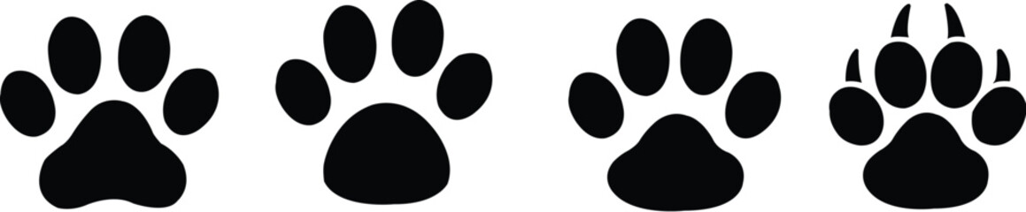 Dog paw print design flat and line icon set. Black vector collection isolated on transparent background. Footprint pet step symbol for animal zoo, vet logo element apps and websites.