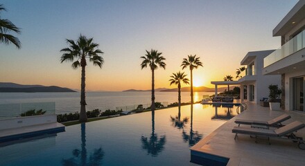 Obraz premium Luxury Villa at Sunset with Infinity Pool and Palm Trees