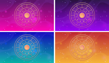 Zodiac wheel on different colors gradient space background vector set, horoscope twelve astrological symbols in circle