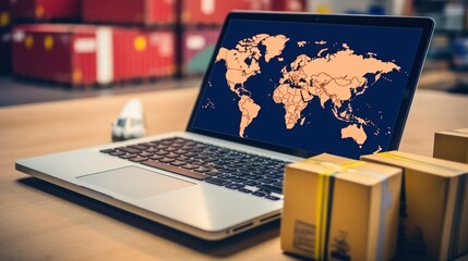 A laptop with a world map on its screen, placed on a wooden table in a warehouse with cardboard boxes and a container in the background.