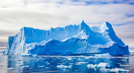 Blue iceberg with sharp peaks floating in calm ocean water