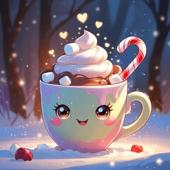 Kawaii Hot Chocolate Cup with Golden Hearts in Snowy Christmas Scene