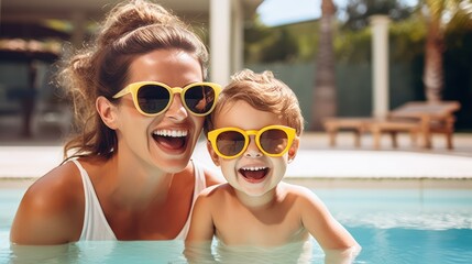A woman and a child wearing sunglasses are sitting in a swimming pool.