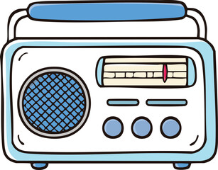 Illustration of a vintage-style portable radio with a blue and white color scheme.