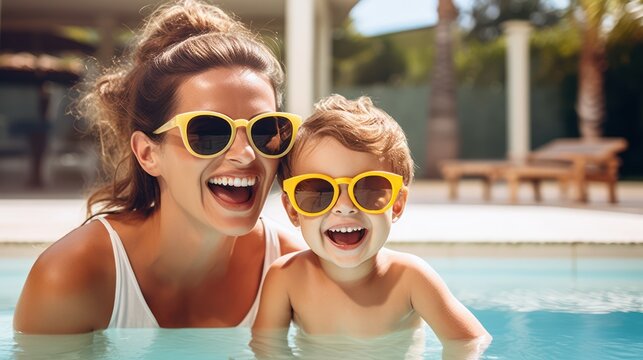 A woman and a child wearing sunglasses are sitting in a swimming pool.