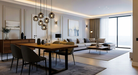 Modern living and dining room with elegant furniture and stylish decor