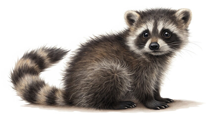 Fototapeta premium Photo of a charming watercolor illustration of a young raccoon with its distinctive masked face and ringed tail, isolated on a clean transparent background
