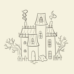 Hand drawn whimsical illustration of haunted house. Sketch drawing of halloween mansion and old trees. Line art victorian building silhouette. Vector graphic