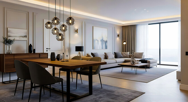 Modern living and dining room with elegant furniture and stylish decor
