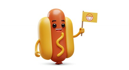 Cartoon hot dog character holding flag