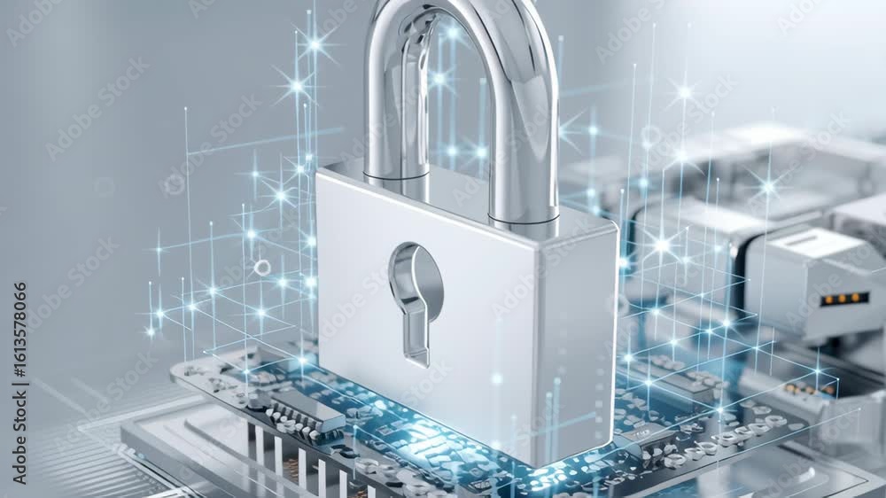 Poster shiny silver padlock descending slowly to secure digital data on a circuit board