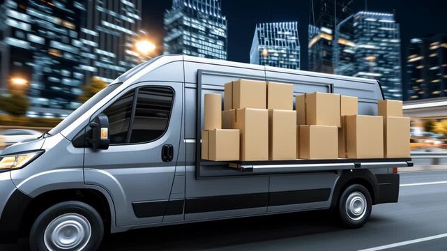 Silver Delivery Van Loaded with Cardboard Boxes Driving through Urban City at Night