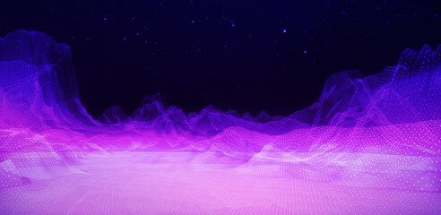 Futuristic purple neon graphic landscape, expanding under dark sky with stars. Wireframe landscape glowing purple under dark starry sky, creating a technology products, 3D graphics background