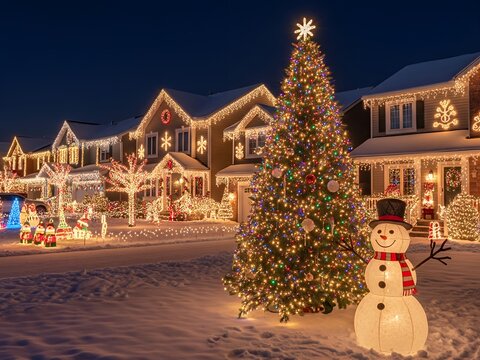 A Suburban Street Dressed in Festive Holiday Lights with a Decorated Christmas Tree and a Lighted Snowman on a Snowy Evening - Powered by Adobe