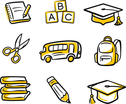 ack to School Doodle Icon Set, Hand Drawn Education Vector Elements, School Supplies Clipart, Sketch Style Learning Tools, Classroom Symbol Collection