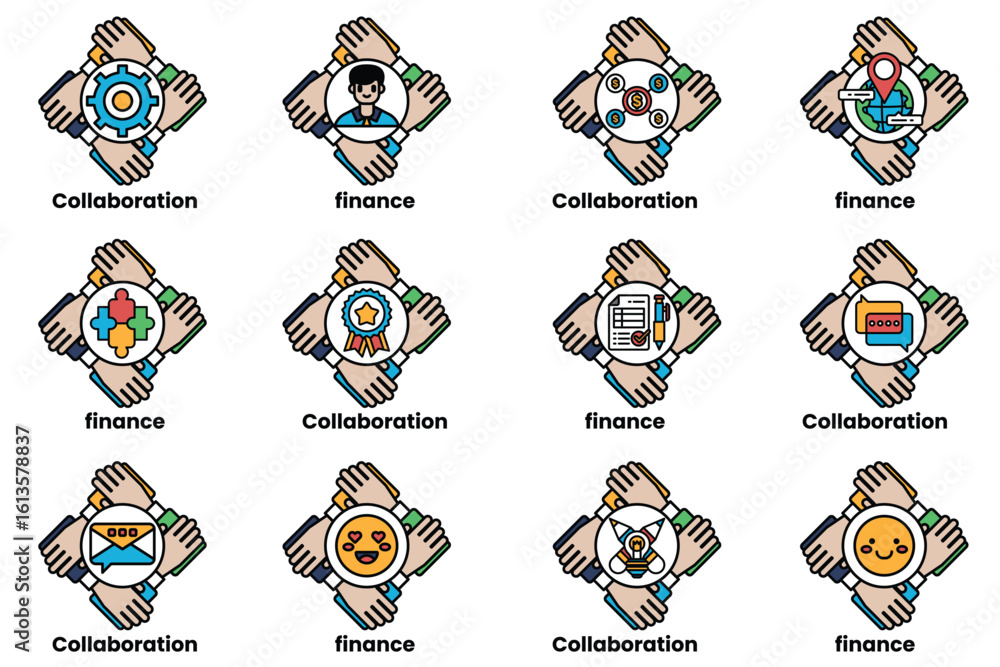 Poster set of hand icons that represent different concepts such as collaboration