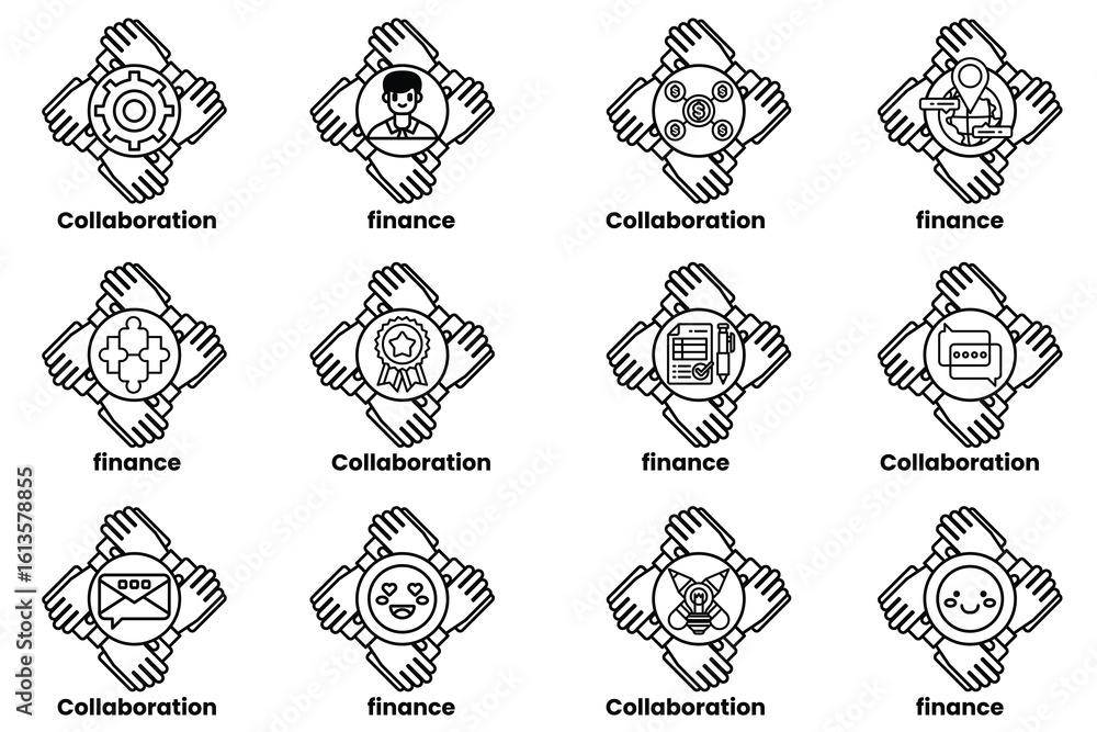 Poster set of hand icons that represent different concepts such as collaboration