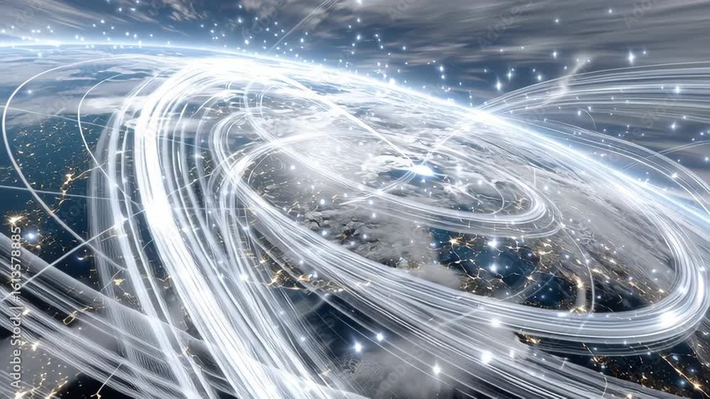 Poster bright glowing data streams flowing in swirling patterns over earth with stars and clouds