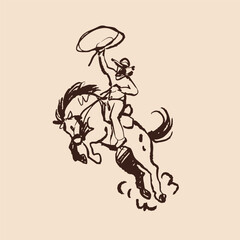 Horse rodeo. Cowboy on horse in movement. Western traditional sport. Hand drawn modern Vector illustration. Isolated design element. Print, poster, sticker, logo design template