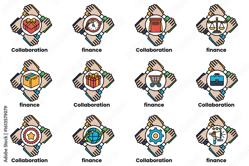 Poster set of hand icons that represent different concepts such as collaboration