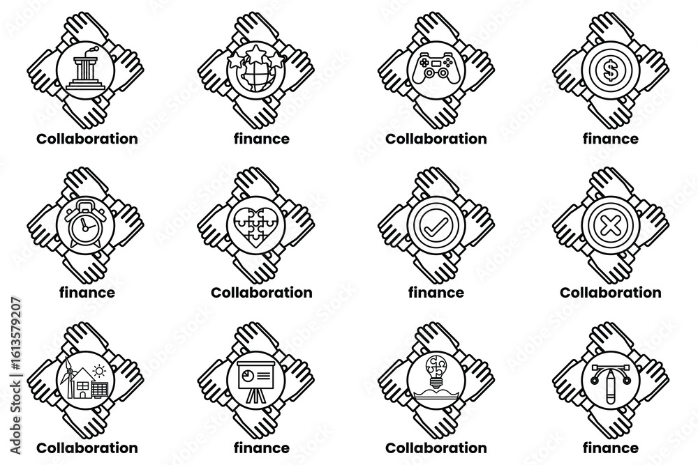 Poster set of hand icons that represent different concepts such as collaboration