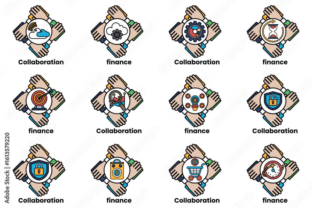 Poster set of hand icons that represent different concepts such as collaboration