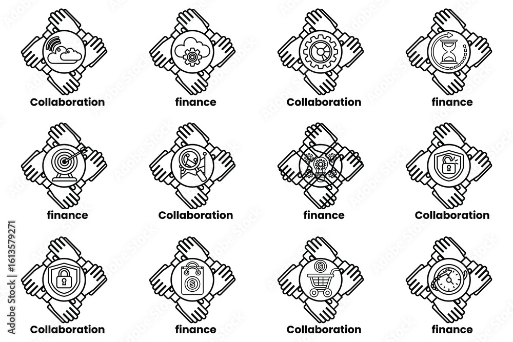 Poster set of hand icons that represent different concepts such as collaboration