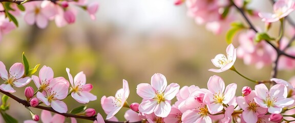 Fototapeta premium Delicate pink floral frame of blossoms and petals on spring background, floral frame, nature