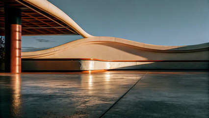 Architectural design with flowing lines and reflective surfaces