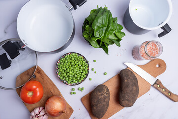 Top view of vegetables and cooking ingredients.