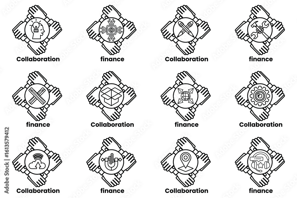 Poster set of hand icons that represent different concepts such as collaboration