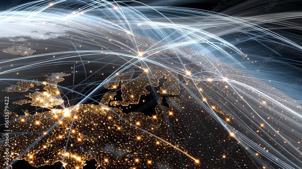 Poster bright light trails representing connections across europe and the world in abstract visualization
