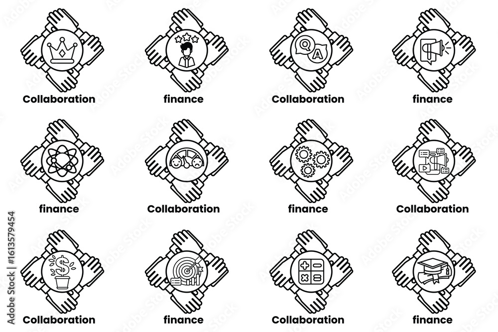 Poster set of hand icons that represent different concepts such as collaboration