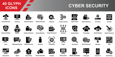 Cyber Security Glyph Icons Set – 40 Solid Style Digital Security and Data Protection Icons Collection