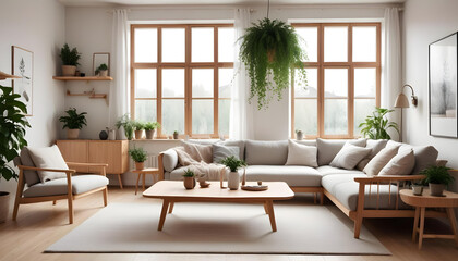 Cozy Living Room Interior: A bright and airy living room bathed in natural light, showcasing a Scandinavian-inspired design with wooden furniture, a comfortable sectional sofa, and lush green plants.