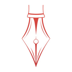 Red ink pen nib with circular detail and flowing lines on white background writing