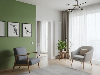 Modern Living Room With Green Accent Wall Featuring Two Armchairs and a Large Window with Curtains and Natural Light