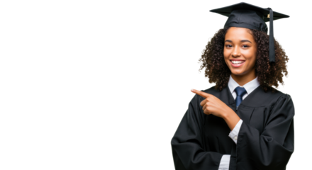 Young mixed-race woman with curly dark hair in formal graduation gown and cap, smiling confidently and pointing right, isolated on clean white studio background with copy space. Concept of academic